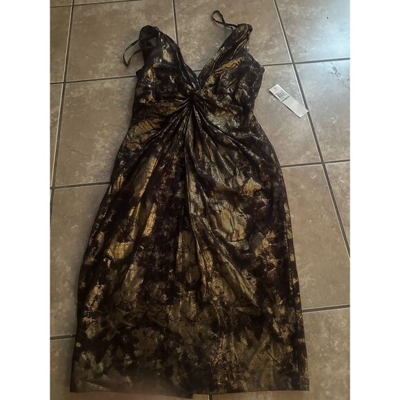 NWT Maggy London 8 Metallic Gold Brown V Neck Sheath Stretch Dress - Picture 1 of 6
